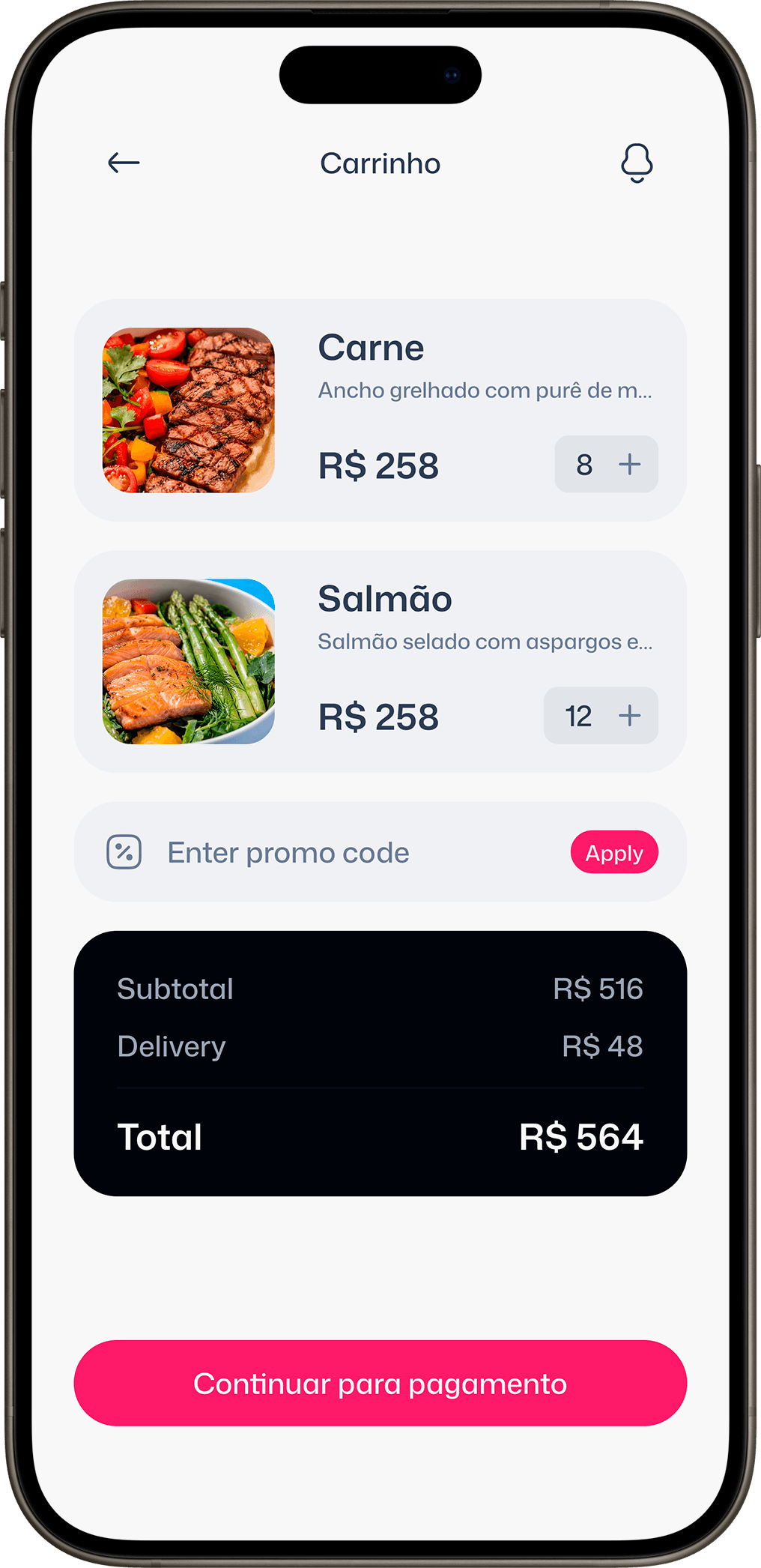 Ecrã do pedido no app